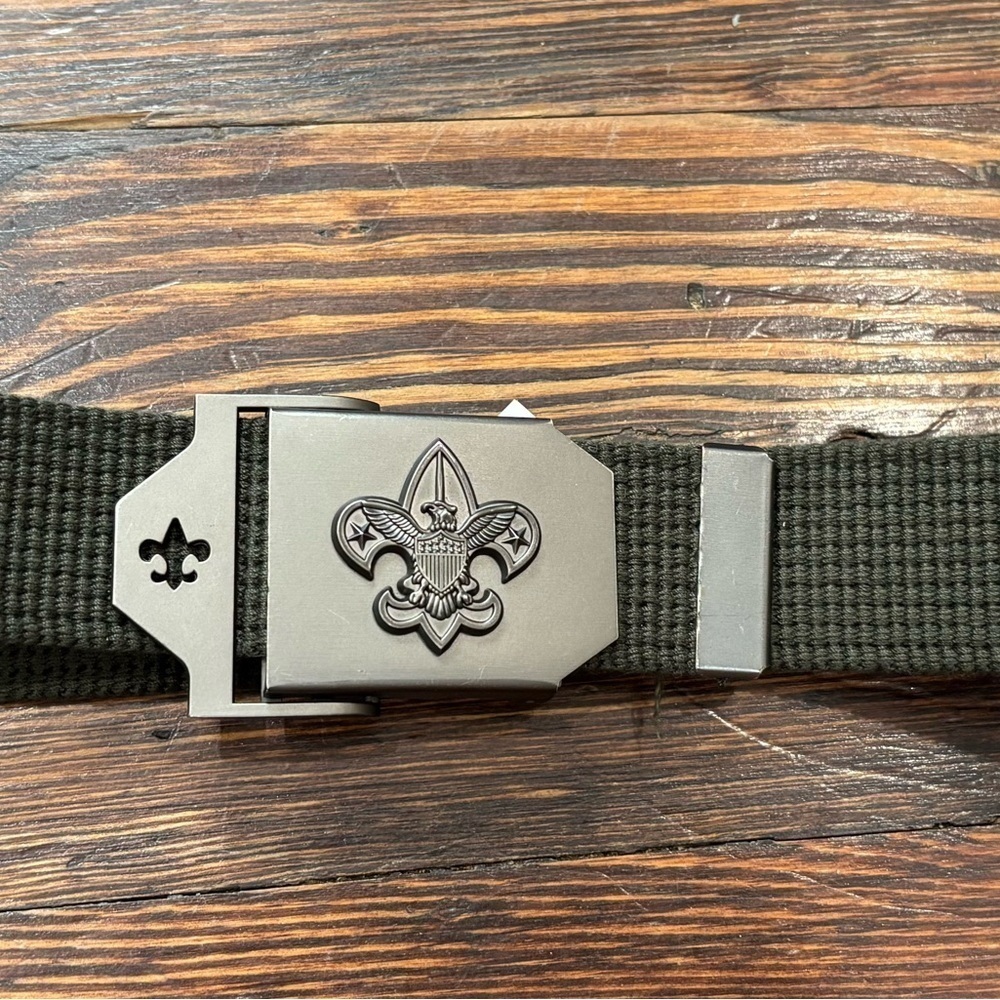 Boy Scouts America Adjustable Web Belt BSA Logo Buckle S/M 32" Olive Green